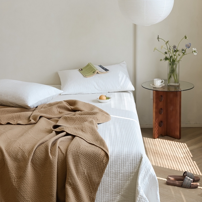 91家纺网 家纺一手货源 找家纺 雯雨家纺2025新款A类全棉加厚六层纱提花纯色盖毯 六层纱-驼色