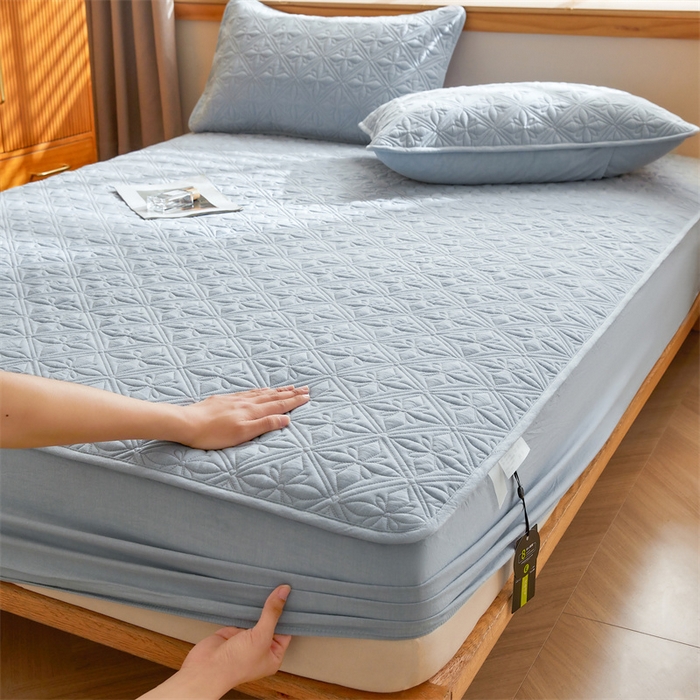 91家纺网 家纺一手货源 找家纺 3C 2025全棉蚕丝蛋白夹棉床笠 天星花-天空蓝