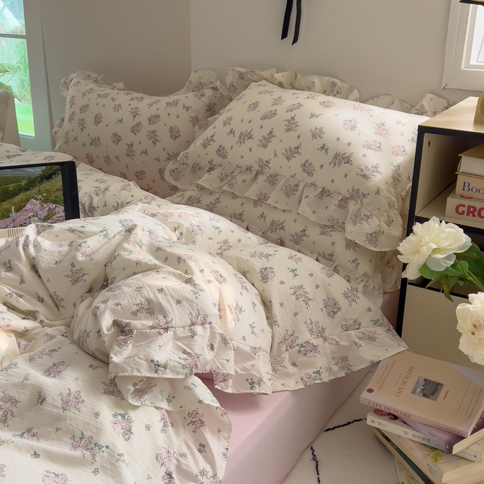 91家纺网 家纺一手货源 找家纺 希丞家居 2025新款云感提花双层纱花边四件套 梨梦