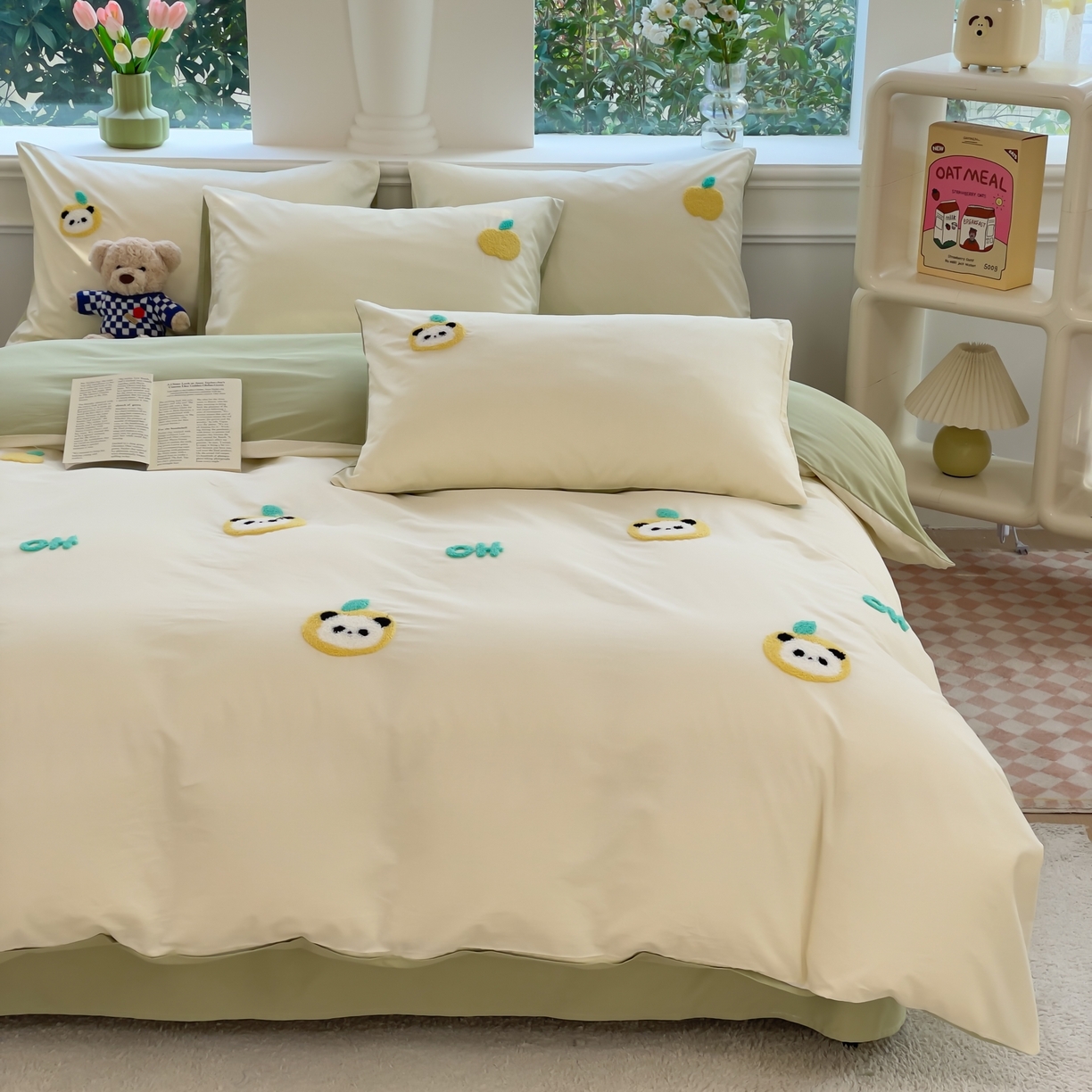 91家纺网 家纺一手货源 找家纺 锦觅家纺  2025新款奶油小清新毛巾绣全棉纯棉四件套-风格一（专版散花必须控价） 苹果熊猫