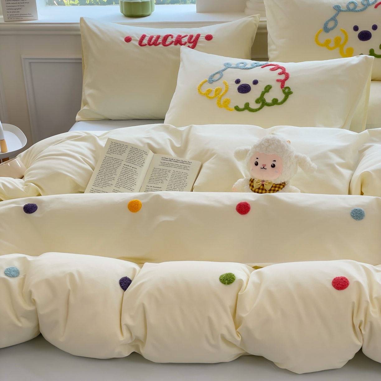 91家纺网 家纺一手货源 找家纺 锦觅家纺  2025新款奶油小清新毛巾绣全棉纯棉四件套-风格一（专版散花必须控价） 彩虹波点