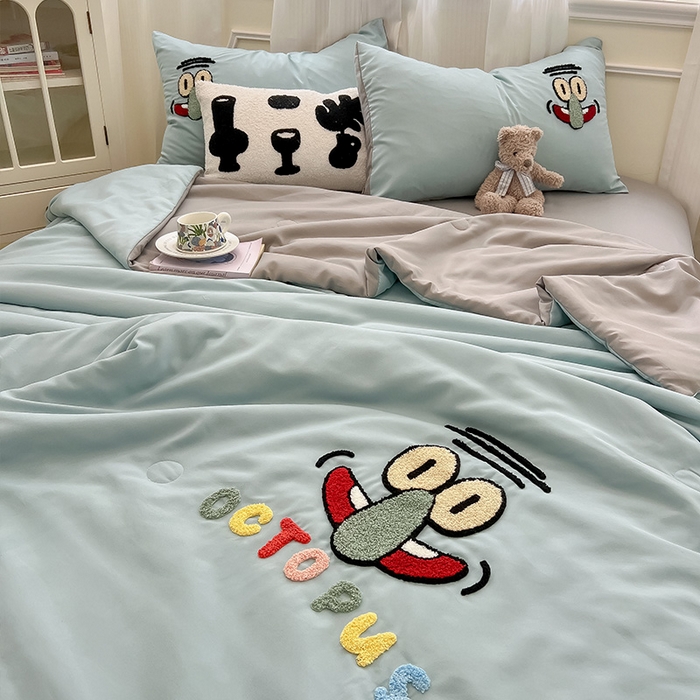 91家纺网 家纺一手货源 找家纺 眠帛家居 2025新款A类水洗皱皱纱毛巾绣夏被四件套 章鱼哥