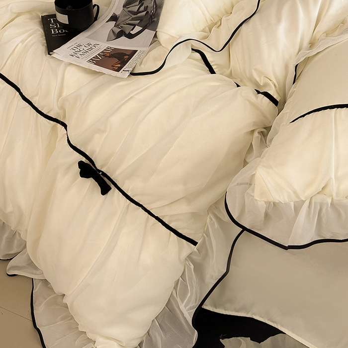 91家纺网 家纺一手货源 找家纺 梧桐家居 2025新款法式高定蝴蝶结赛琳娜雪纺花边四件套 赛琳娜-黄