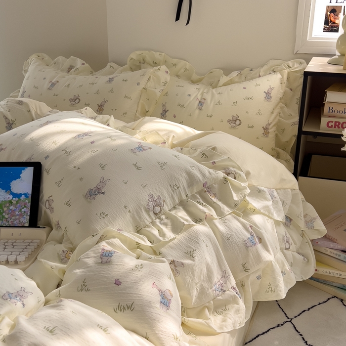 91家纺网 家纺一手货源 找家纺 希丞家居 2025新款云感提花双层纱花边四件套 音乐派对