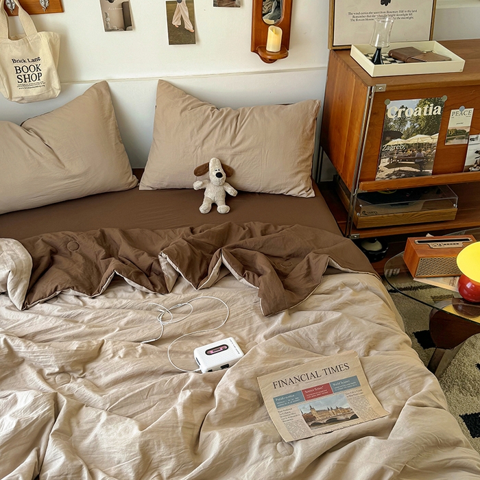 91家纺网 家纺一手货源 找家纺 耀达家居 2025新款水洗棉双拼夏被四件套 奶茶➕咖啡