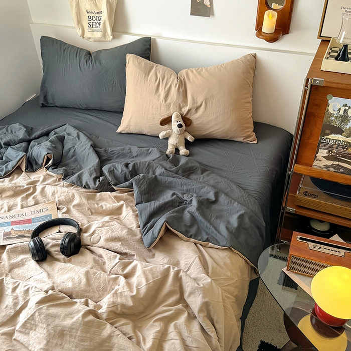 91家纺网 家纺一手货源 找家纺 耀达家居 2025新款水洗棉双拼夏被四件套 奶茶➕高级灰