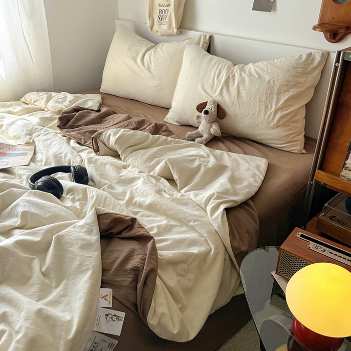 91家纺网 家纺一手货源 找家纺 耀达家居 2025新款水洗棉双拼夏被四件套 燕麦➕可可