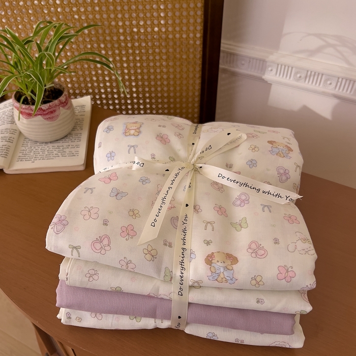 91家纺网 家纺一手货源 找家纺 优品阁 2025新款人字纹全棉双层纱四件套 洛丽塔【升级款-提花人字纹床单】