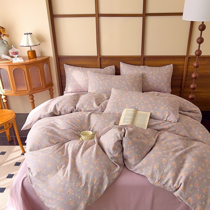 91家纺网 家纺一手货源 找家纺 优品阁 2025新款人字纹全棉双层纱四件套 紫篱【升级款-提花人字纹床单】