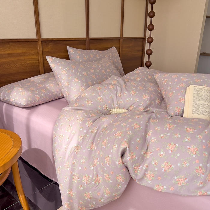 91家纺网 家纺一手货源 找家纺 优品阁 2025新款人字纹全棉双层纱四件套 紫篱【升级款-提花人字纹床单】