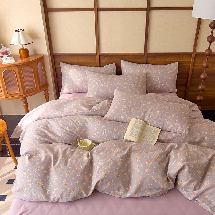 91家纺网 家纺一手货源 找家纺 优品阁 2025新款人字纹全棉双层纱四件套 紫篱【升级款-提花人字纹床单】