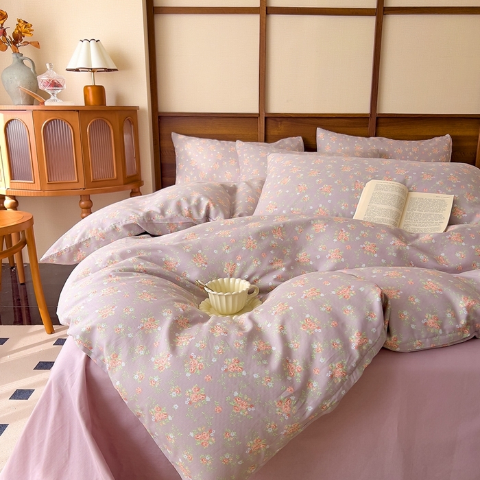 91家纺网 家纺一手货源 找家纺 优品阁 2025新款人字纹全棉双层纱四件套 紫篱【升级款-提花人字纹床单】