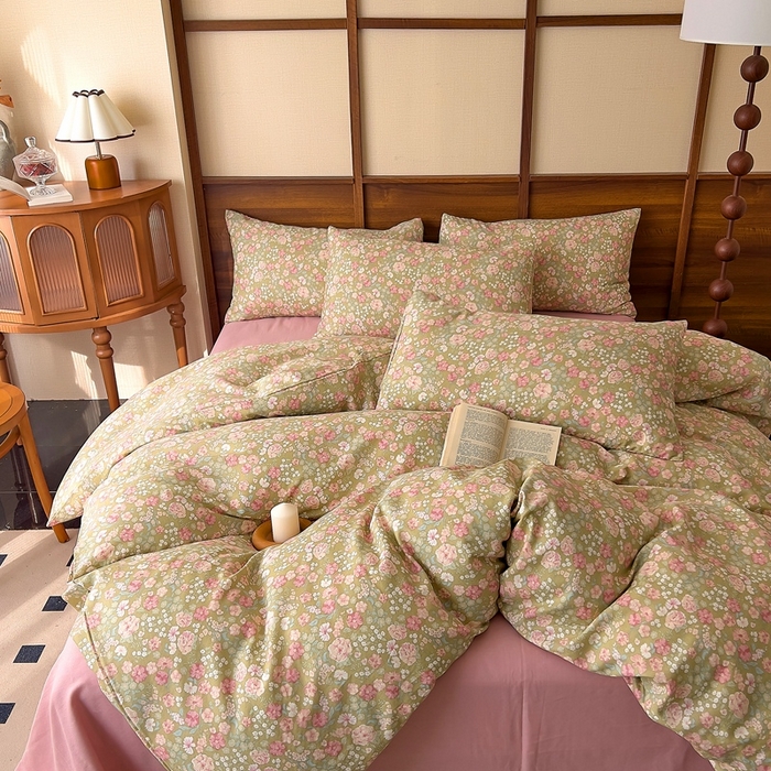 91家纺网 家纺一手货源 找家纺 优品阁 2025新款人字纹全棉双层纱四件套 梨荷小姐【升级款-提花人字纹床单】