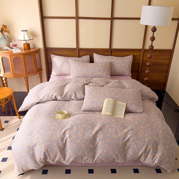 91家纺网 家纺一手货源 找家纺 优品阁 2025新款人字纹全棉双层纱四件套 紫篱【升级款-提花人字纹床单】