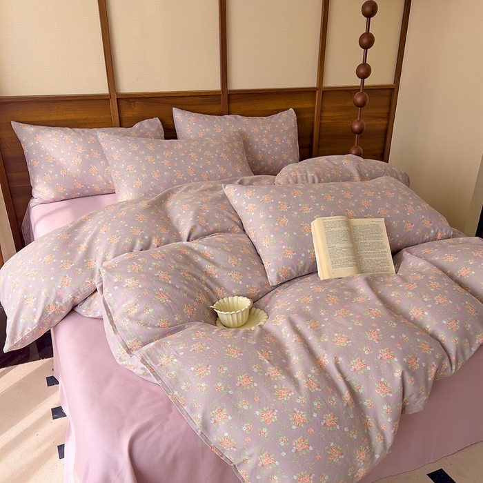 91家纺网 家纺一手货源 找家纺 优品阁 2025新款人字纹全棉双层纱四件套 紫篱【升级款-提花人字纹床单】