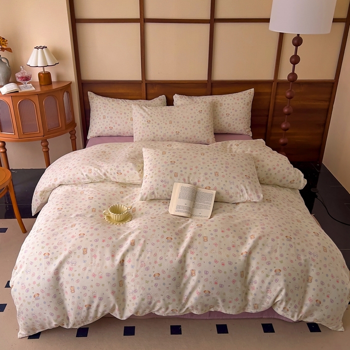 91家纺网 家纺一手货源 找家纺 优品阁 2025新款人字纹全棉双层纱四件套 洛丽塔【升级款-提花人字纹床单】