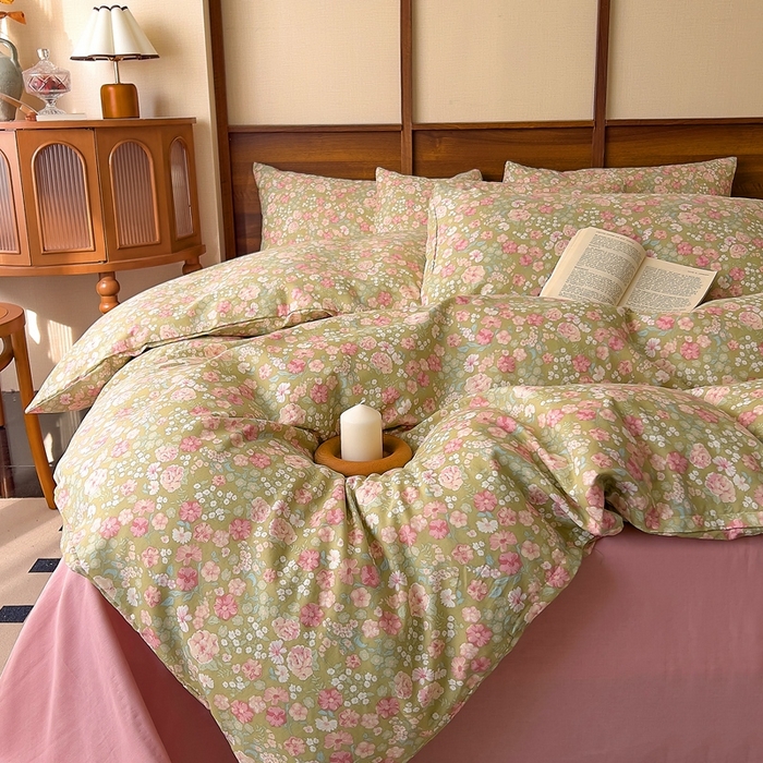 91家纺网 家纺一手货源 找家纺 优品阁 2025新款人字纹全棉双层纱四件套 梨荷小姐【升级款-提花人字纹床单】