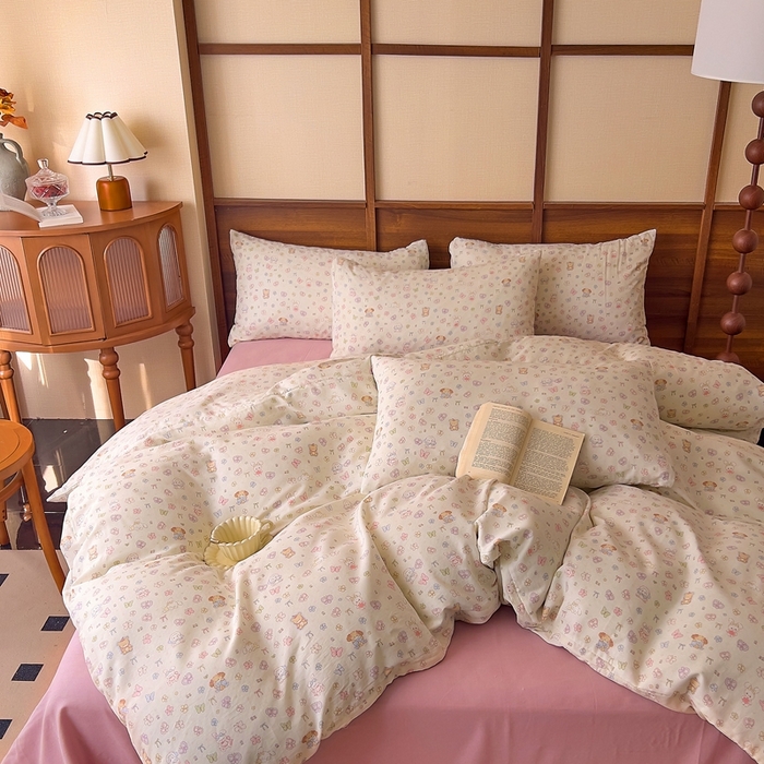 91家纺网 家纺一手货源 找家纺 优品阁 2025新款人字纹全棉双层纱四件套 洛丽塔【升级款-提花人字纹床单】