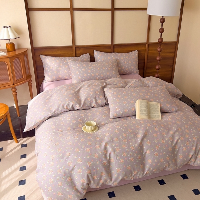 91家纺网 家纺一手货源 找家纺 优品阁 2025新款人字纹全棉双层纱四件套 紫篱【升级款-提花人字纹床单】