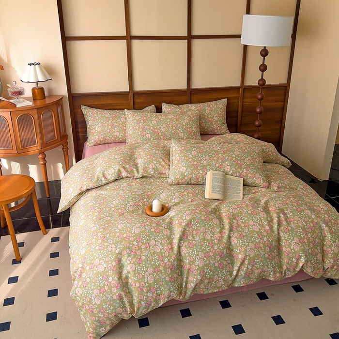 91家纺网 家纺一手货源 找家纺 优品阁 2025新款人字纹全棉双层纱四件套 梨荷小姐【升级款-提花人字纹床单】