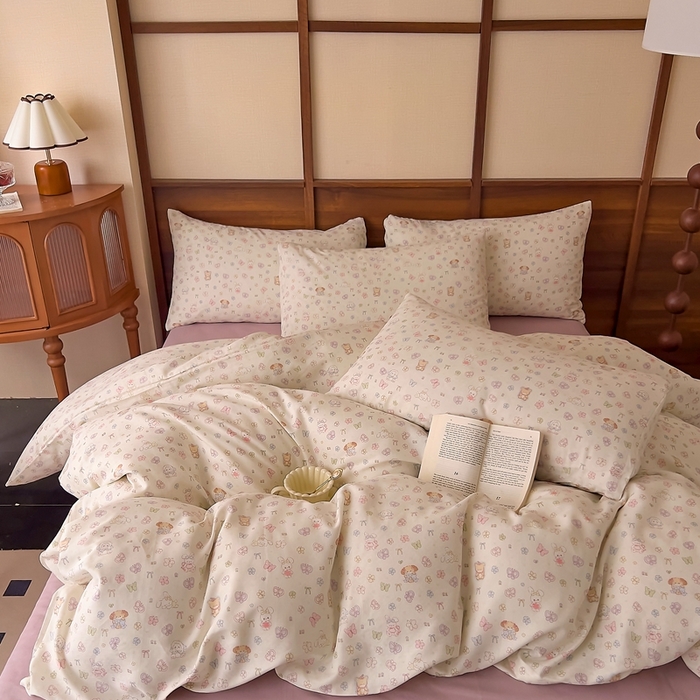 91家纺网 家纺一手货源 找家纺 优品阁 2025新款人字纹全棉双层纱四件套 洛丽塔【升级款-提花人字纹床单】