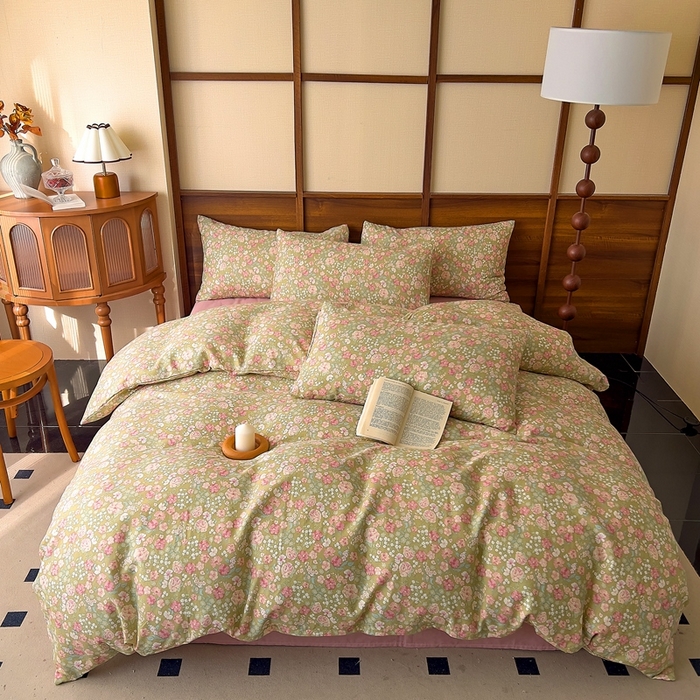 91家纺网 家纺一手货源 找家纺 优品阁 2025新款人字纹全棉双层纱四件套 梨荷小姐【升级款-提花人字纹床单】