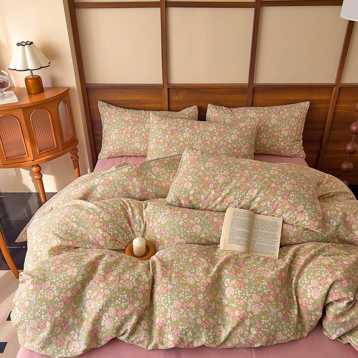 91家纺网 家纺一手货源 找家纺 优品阁 2025新款人字纹全棉双层纱四件套 梨荷小姐【升级款-提花人字纹床单】