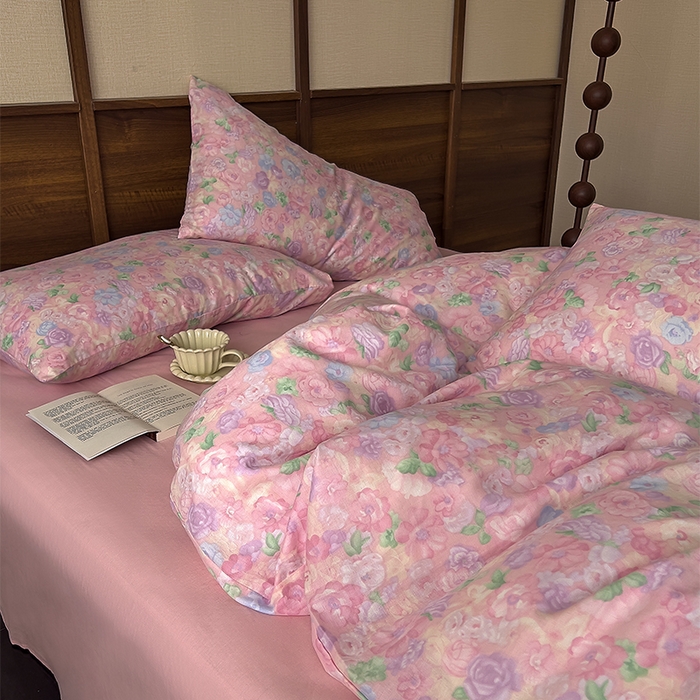 91家纺网 家纺一手货源 找家纺 优品阁 2025新款人字纹全棉双层纱四件套 亦然花语【升级款-提花人字纹床单】