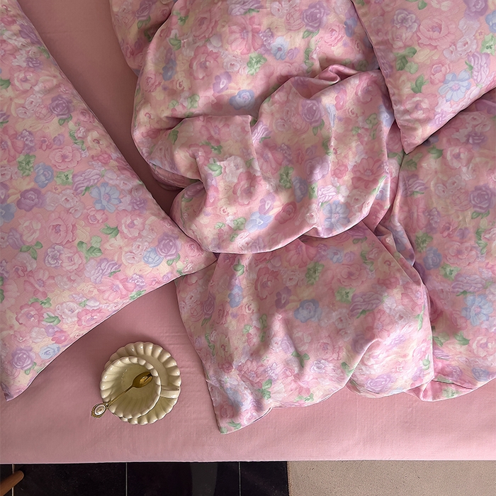 91家纺网 家纺一手货源 找家纺 优品阁 2025新款人字纹全棉双层纱四件套 亦然花语【升级款-提花人字纹床单】