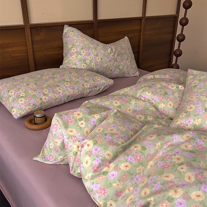 91家纺网 家纺一手货源 找家纺 优品阁 2025新款人字纹全棉双层纱四件套 花海【升级款-提花人字纹床单】