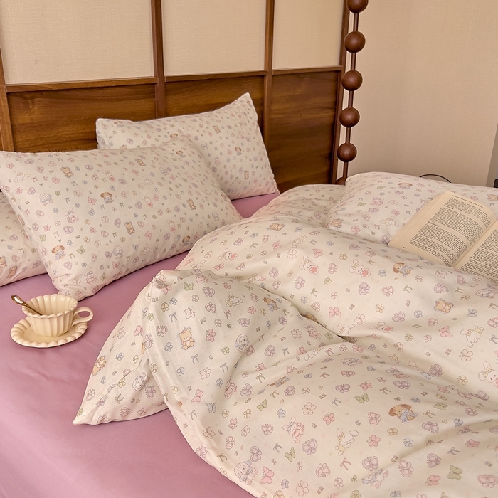 91家纺网 家纺一手货源 找家纺 优品阁 2025新款人字纹全棉双层纱四件套 洛丽塔【升级款-提花人字纹床单】