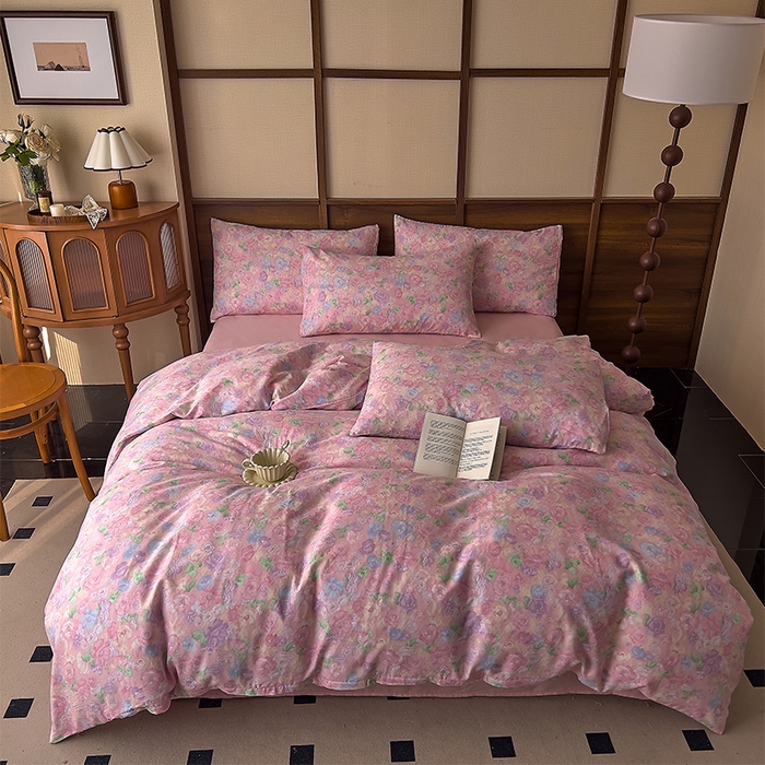 91家纺网 家纺一手货源 找家纺 优品阁 2025新款人字纹全棉双层纱四件套 亦然花语【升级款-提花人字纹床单】