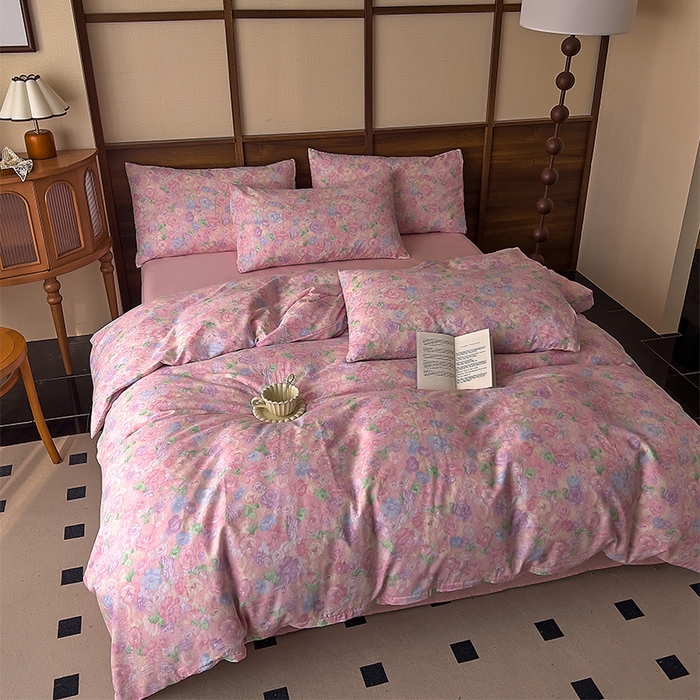 91家纺网 家纺一手货源 找家纺 优品阁 2025新款人字纹全棉双层纱四件套 亦然花语【升级款-提花人字纹床单】