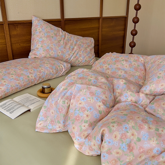 91家纺网 家纺一手货源 找家纺 优品阁 2025新款人字纹全棉双层纱四件套 余香【升级款-提花人字纹床单】