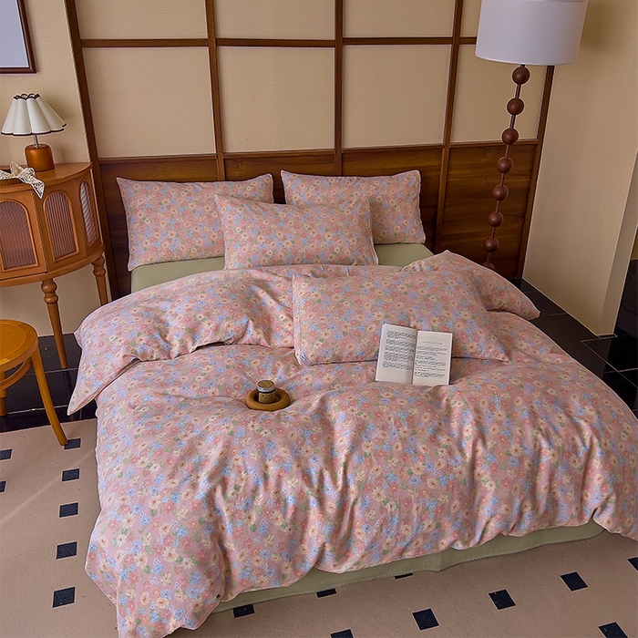 91家纺网 家纺一手货源 找家纺 优品阁 2025新款人字纹全棉双层纱四件套 余香【升级款-提花人字纹床单】