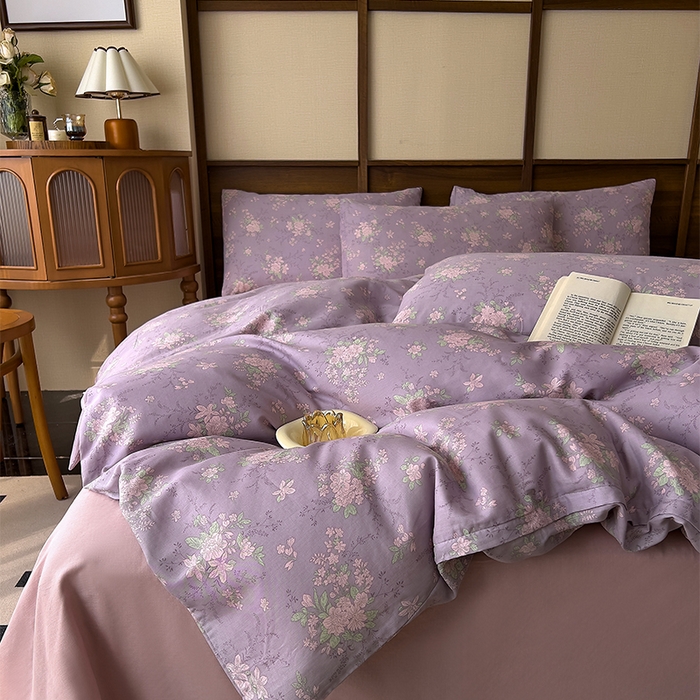 91家纺网 家纺一手货源 找家纺 优品阁 2025新款人字纹全棉双层纱四件套 安然花语【升级款-提花人字纹床单】