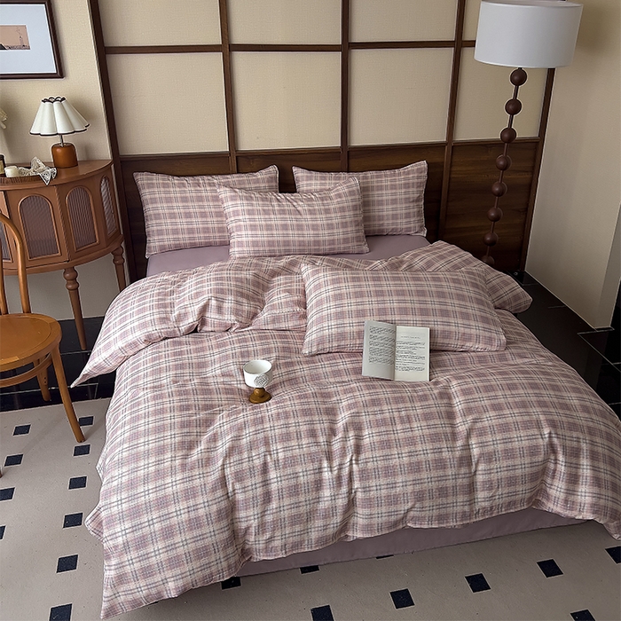 91家纺网 家纺一手货源 找家纺 优品阁 2025新款人字纹全棉双层纱四件套 布里奥-紫【升级款-提花人字纹床单】