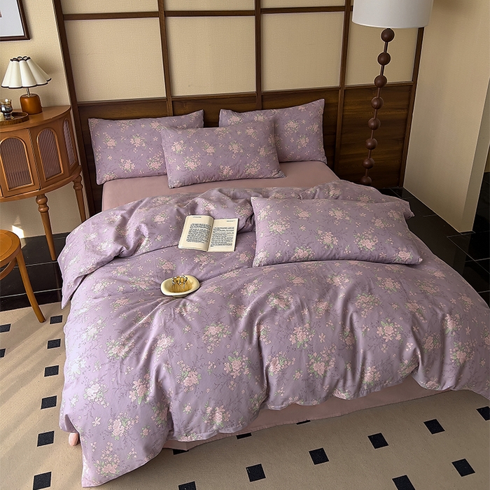 91家纺网 家纺一手货源 找家纺 优品阁 2025新款人字纹全棉双层纱四件套 安然花语【升级款-提花人字纹床单】