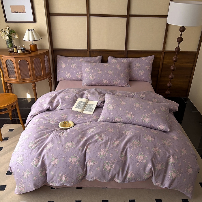 91家纺网 家纺一手货源 找家纺 优品阁 2025新款人字纹全棉双层纱四件套 安然花语【升级款-提花人字纹床单】