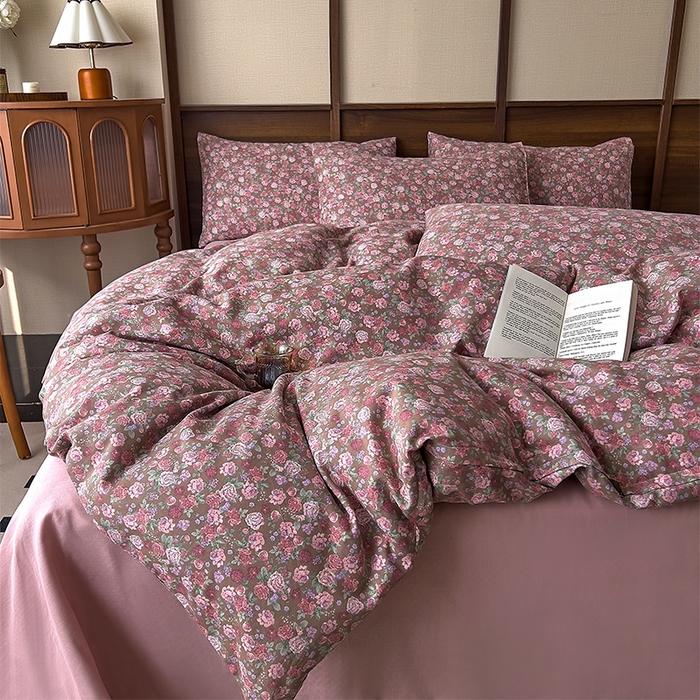 91家纺网 家纺一手货源 找家纺 优品阁 2025新款人字纹全棉双层纱四件套 蕾拉花园【升级款-提花人字纹床单】