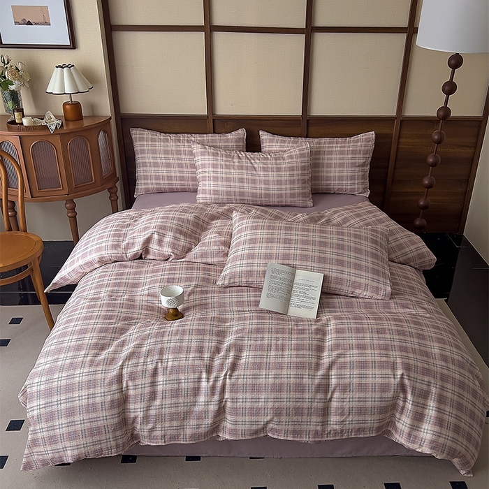 91家纺网 家纺一手货源 找家纺 优品阁 2025新款人字纹全棉双层纱四件套 布里奥-紫【升级款-提花人字纹床单】