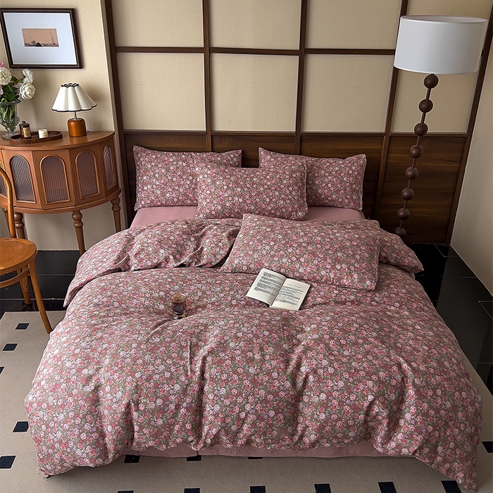 91家纺网 家纺一手货源 找家纺 优品阁 2025新款人字纹全棉双层纱四件套 蕾拉花园【升级款-提花人字纹床单】