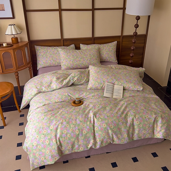 91家纺网 家纺一手货源 找家纺 优品阁 2025新款人字纹全棉双层纱四件套 花海【升级款-提花人字纹床单】