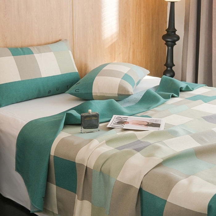 91家纺网 家纺一手货源 找家纺 慕绸家纺（原萌宝老粗布厂家） 2025新款老粗布老帆布空调软凉席原棉粗纱系列床单三件套 绿格先生