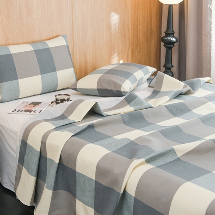 91家纺网 家纺一手货源 找家纺 慕绸家纺（原萌宝老粗布厂家） 2025新款老粗布老帆布空调软凉席原棉粗纱系列床单三件套 苏格蓝