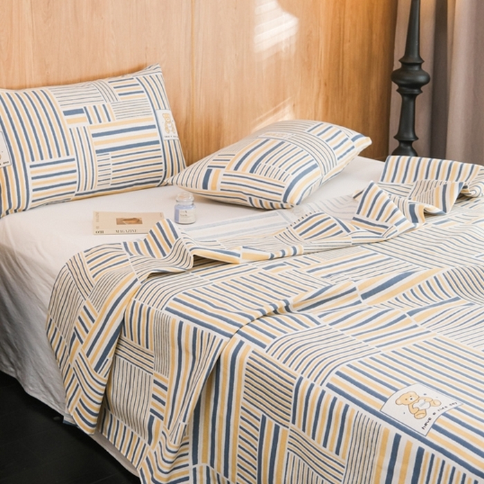 91家纺网 家纺一手货源 找家纺 慕绸家纺（原萌宝老粗布厂家） 2025新款老粗布老帆布空调软凉席原棉粗纱系列床单三件套 条条熊