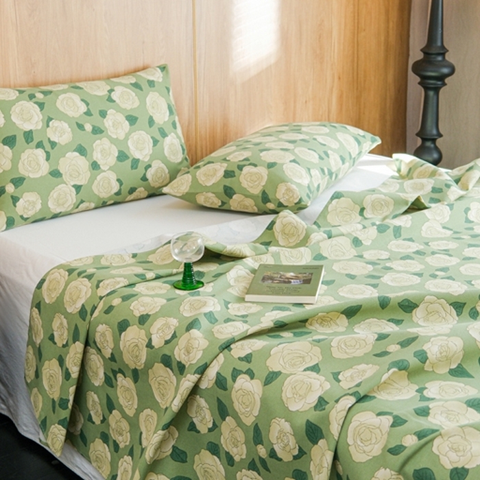 91家纺网 家纺一手货源 找家纺 慕绸家纺（原萌宝老粗布厂家） 2025新款老粗布老帆布空调软凉席原棉粗纱系列床单三件套 山茶花