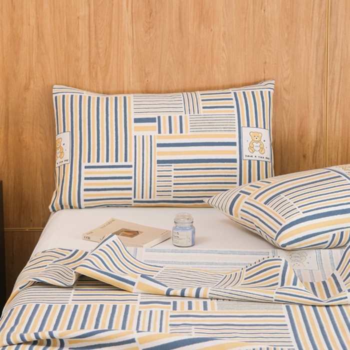 91家纺网 家纺一手货源 找家纺 慕绸家纺（原萌宝老粗布厂家） 2025新款老粗布老帆布空调软凉席原棉粗纱系列床单三件套 条条熊