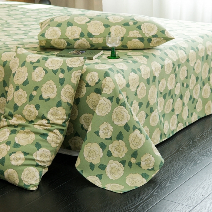 91家纺网 家纺一手货源 找家纺 慕绸家纺（原萌宝老粗布厂家） 2025新款老粗布老帆布空调软凉席原棉粗纱系列床单三件套 山茶花