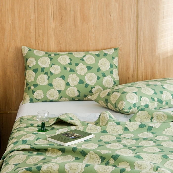 91家纺网 家纺一手货源 找家纺 慕绸家纺（原萌宝老粗布厂家） 2025新款老粗布老帆布空调软凉席原棉粗纱系列床单三件套 山茶花